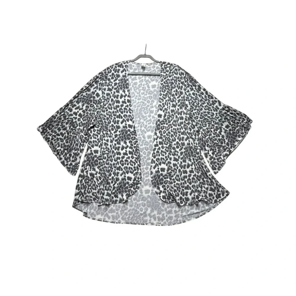 Grey Leopard Print Open Front Cardigan Ruffle Bell Sleeve Plus Size 3XL